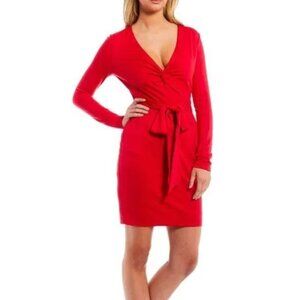 NEW LDT heidi plunge V neck knot front bodycon lipstick red dress long sleeve 8